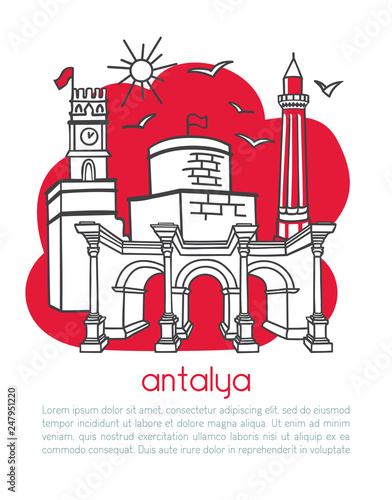 Antalya, Turkey. Vector illustration of a famous turkish city and its symbols. Vertical card design with text. Hand drawn doodle objects in modern style: black outline and red color blocks on white. -