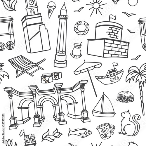 Antalya, Turkey. Vector seamless pattern with black hand drawn doodles on white background. Modern clear line design for touristic print, backdrop, background, wrapping paper design. - Vector 