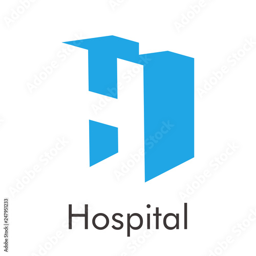 Logotipo abstracto con texto Hospital con letra H 3D en espacio negativo en color azul