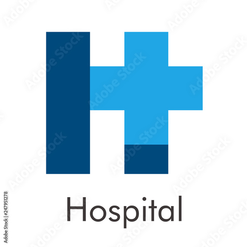 Logotipo abstracto con texto  Hospital con letra H con cruz en color azul