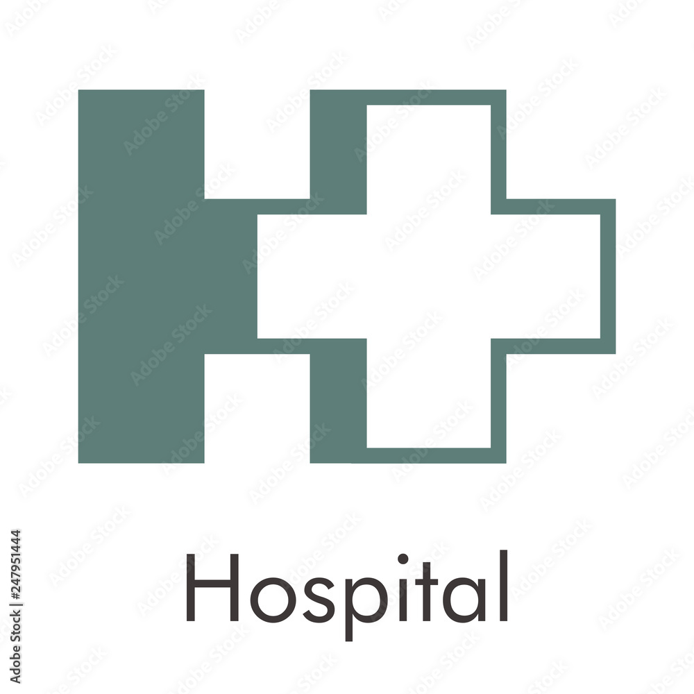 Logotipo abstracto con texto Hospital con letra H gris con cruz en espacio negativo Logotipo abstracto con texto Hospital con letra H gris con cruz en espacio negativo
