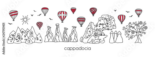 Vector modern illustration Cappadocia with hand drawn doodle turkish symbols. Horizontal panoramic scene for banner or print design. Simple minimalistic style with black outline and red elements. - Ve