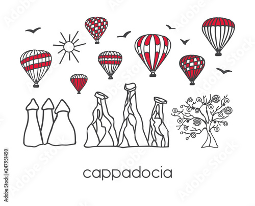 Cappadocia, Turkey. Modern vector illustration of a famous turkish landmarks in a clear design style: black doodle outline and red color blocks on white background. Card, banner, poster, flyer design 