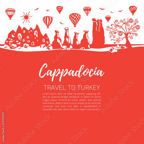 Modern vector illustration of a famous turkish travel destination Cappadocia and its landmarks. Red square background with symbols of Turkey in flat style with place for your text and information. - V