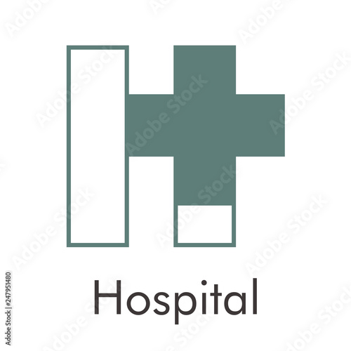 Logotipo abstracto con texto Hospital con letra H lineal con cruz en color gris