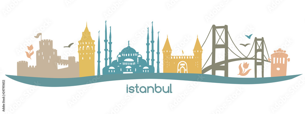 Obraz premium Modern flat horizontal vector illustration Istanbul with silhouette of famous turkish symbols: tower, bridge, gate, mosque in Turkey. Skyline banner in pastel colors isolated on white background. - Ve