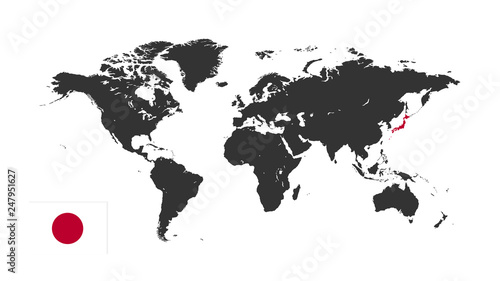 World Map Silhouette. Flat map of the world with a dedicated area of the country of Japan for interior  design  advertising  screensavers  wallpapers  covers  walls.
