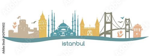 Modern flat horizontal vector illustration Istanbul with silhouette of famous turkish symbols: tower, bridge, gate, mosque in Turkey. Skyline banner in pastel colors isolated on white background. - Ve