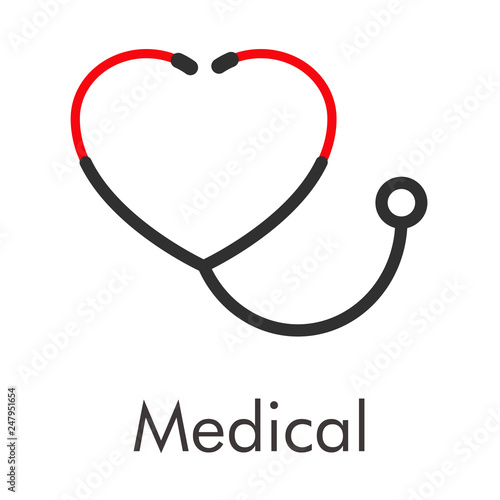 Logotipo abstracto con texto Medical con estetoscopio como corazón en color rojo y gris