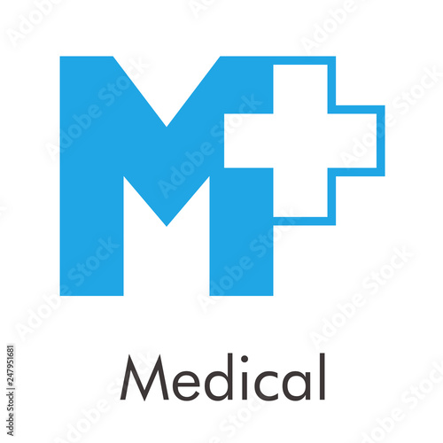 Logotipo abstracto con texto Medical con letra M con cruz lineal en color azul