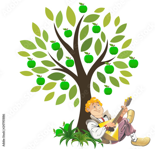 Guy Emelya lies under a tree with green apples and plays the balalaika
