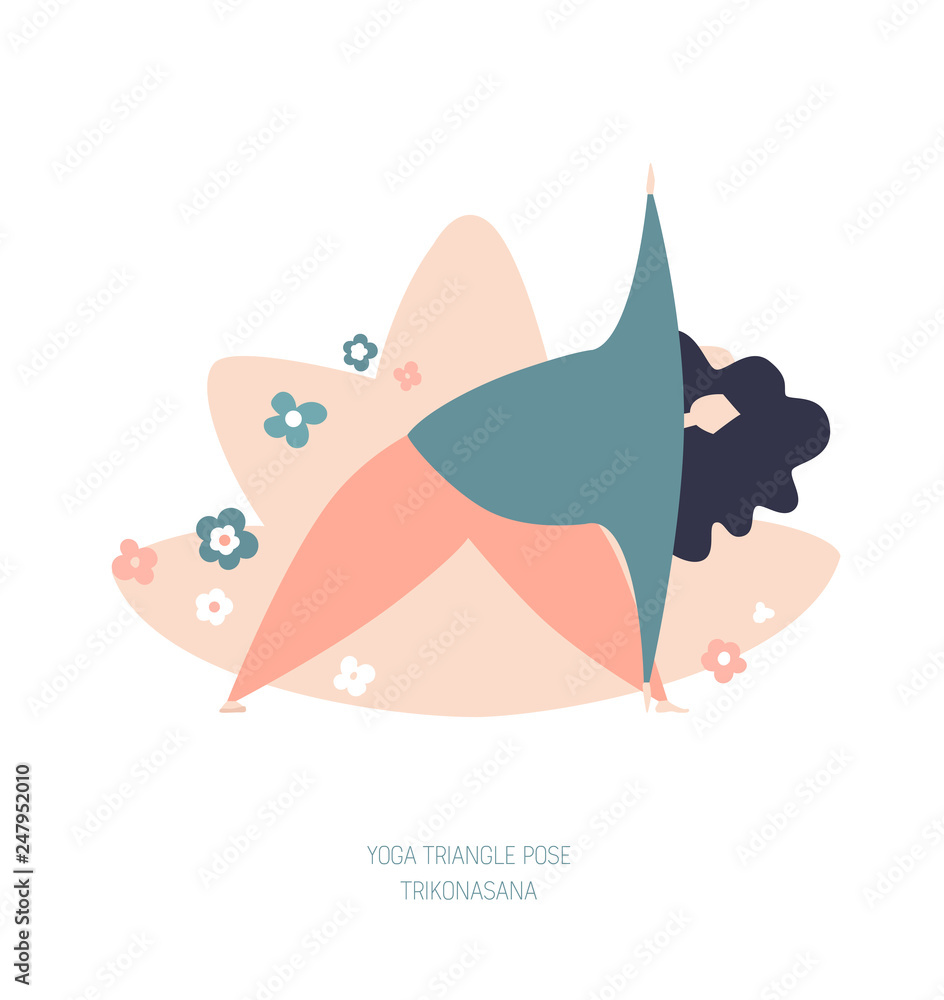 Vector illustration of a woman in the Triangle yoga pose. Cute flat female character. Oversized girl with doodle flowers and lotus behind. Yoga and meditation concept. - Vector Vector illustration of a woman in the Triangle yoga pose. Cute flat female character. Oversized girl with doodle flowers and lotus behind. Yoga and meditation concept. - Vector