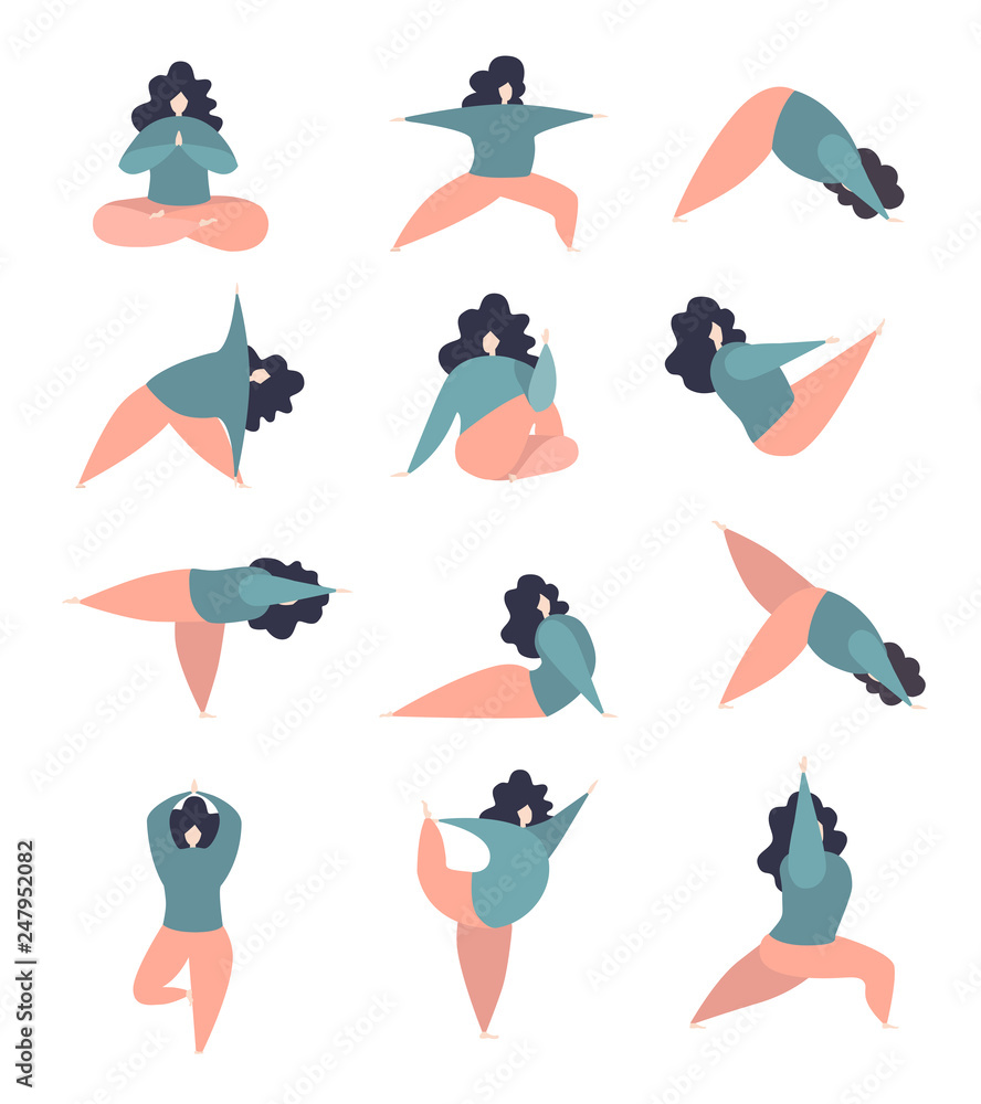 Big set of vector illustrations of women in various yoga poses. Modern flat character in sitting, standing, lying positions. Cute oversized girls in pastel blue and pink colors isolated on white. - Ve Big set of vector illustrations of women in various yoga poses. Modern flat character in sitting, standing, lying positions. Cute oversized girls in pastel blue and pink colors isolated on white. - Ve