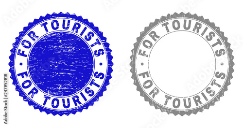 Grunge FOR TOURISTS stamp seals isolated on a white background. Rosette seals with grunge texture in blue and grey colors. Vector rubber stamp imprint of FOR TOURISTS text inside round rosette.