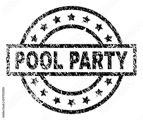 POOL PARTY stamp seal watermark with distress style. Designed with rectangle, circles and stars. Black vector rubber print of POOL PARTY title with dust texture.