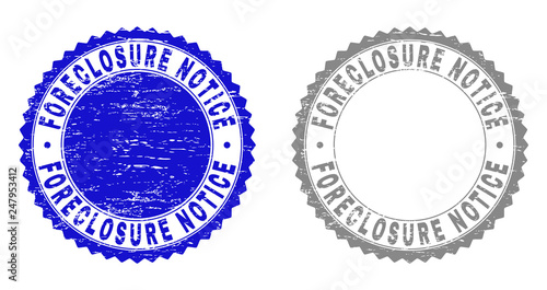 Grunge FORECLOSURE NOTICE stamp seals isolated on a white background. Rosette seals with distress texture in blue and gray colors.