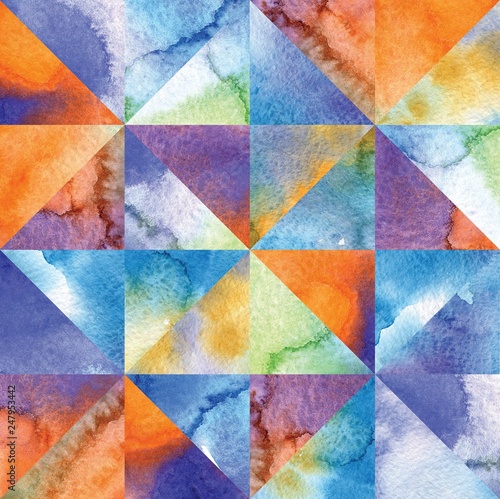 Patchwork of triangles with watercolor stains. Abstract background.