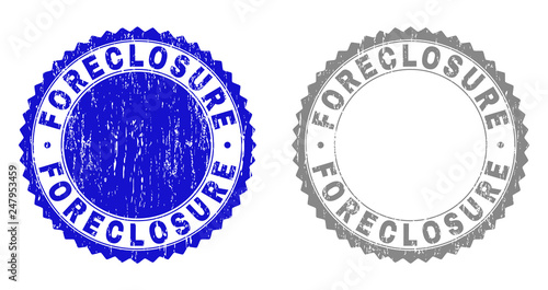 Grunge FORECLOSURE stamp seals isolated on a white background. Rosette seals with grunge texture in blue and gray colors. Vector rubber stamp imprint of FORECLOSURE tag inside round rosette.