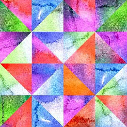 Patchwork of triangles with watercolor stains. Abstract background.