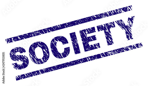 SOCIETY seal print with distress style. Blue vector rubber print of SOCIETY caption with retro texture. Text caption is placed between parallel lines.
