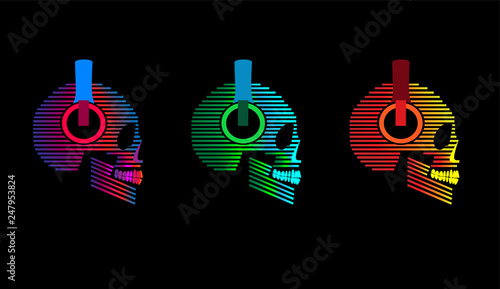 Skull icons with headphones, duotone neon color background