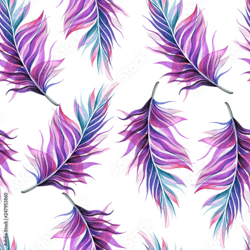 Seamless watercolor pattern of bird feathers on a white background. Natural motives. Flight. © iakovetssvetlana