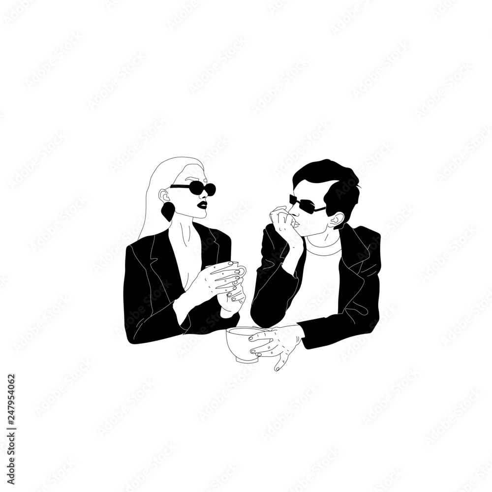  A couple of men and women, fashionable young girl in glasses, brutal guy in stylish clothes, people with coffee, a book or a newspaper