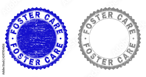 Grunge FOSTER CARE stamp seals isolated on a white background. Rosette seals with grunge texture in blue and gray colors. Vector rubber stamp imitation of FOSTER CARE label inside round rosette.