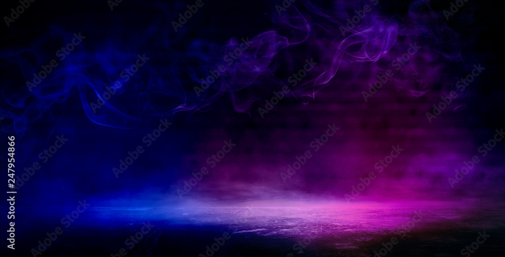 Background of an empty dark room. Empty walls, neon light, smoke, smog. Blue and pink smoke, ultraviolet light in the dark.