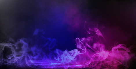 Background of an empty dark room. Empty walls, neon light, smoke, smog. Blue and pink smoke, ultraviolet light in the dark.