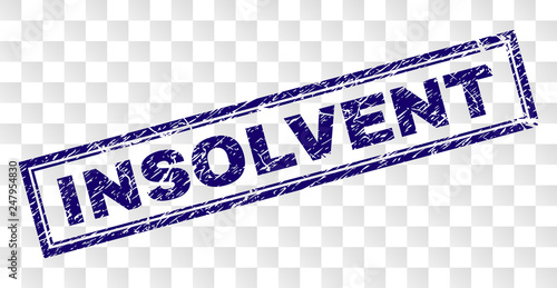 INSOLVENT stamp seal print with corroded style and double framed rectangle shape. Stamp is placed on a transparent background. Blue vector rubber print of INSOLVENT tag with corroded texture.