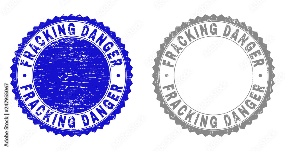 Grunge FRACKING DANGER stamp seals isolated on a white background. Rosette seals with grunge texture in blue and gray colors. Vector rubber stamp imprint of FRACKING DANGER text inside round rosette.