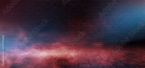 Red Smoke on a dark background. Dark empty room with rays of light, searchlight. Color correction, background.