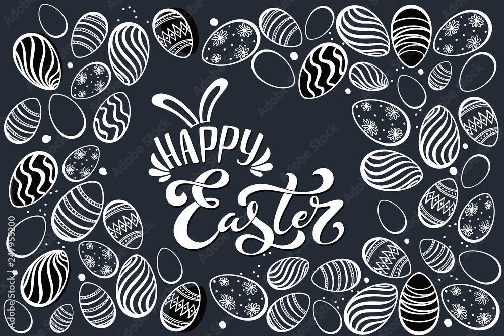 Naklejka premium Happy Easter handwritten lettering typography. Hand drawn design elements. Logos and emblems for invitation, card. Vector illustration.