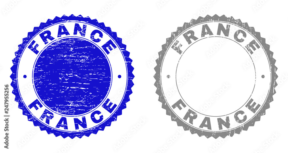 Obraz premium Grunge FRANCE watermarks isolated on a white background. Rosette seals with grunge texture in blue and gray colors. Vector rubber stamp imprint of FRANCE title inside round rosette.