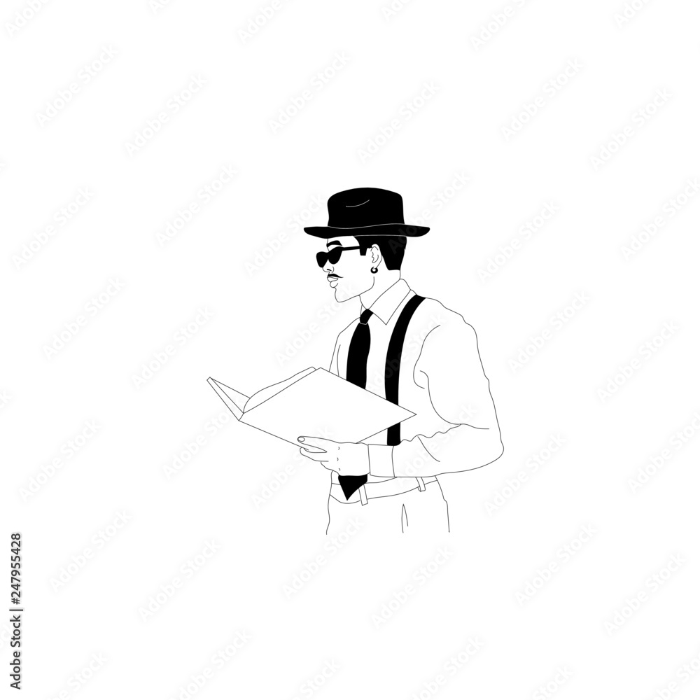 A stylish man in a hat and glasses with a book in his hands. Brutal guy in trendy clothes. Isolated guy figure