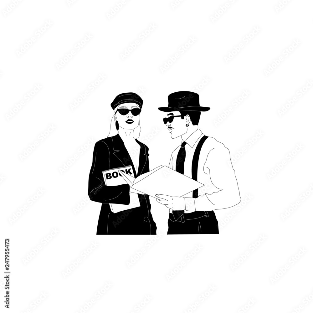 Couple man and woman, stylish young people with coffee, relationship, meeting, chat, business. Fashionable girl with glasses. Brutal man with glasses. Graphic monochrome vector illustration.
