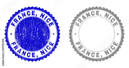 Grunge FRANCE, NICE stamp seals isolated on a white background. Rosette seals with grunge texture in blue and grey colors. Vector rubber stamp imitation of FRANCE, NICE label inside round rosette.