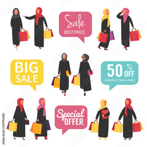 Muslim women at sale making shopping with discount. Vector illustration