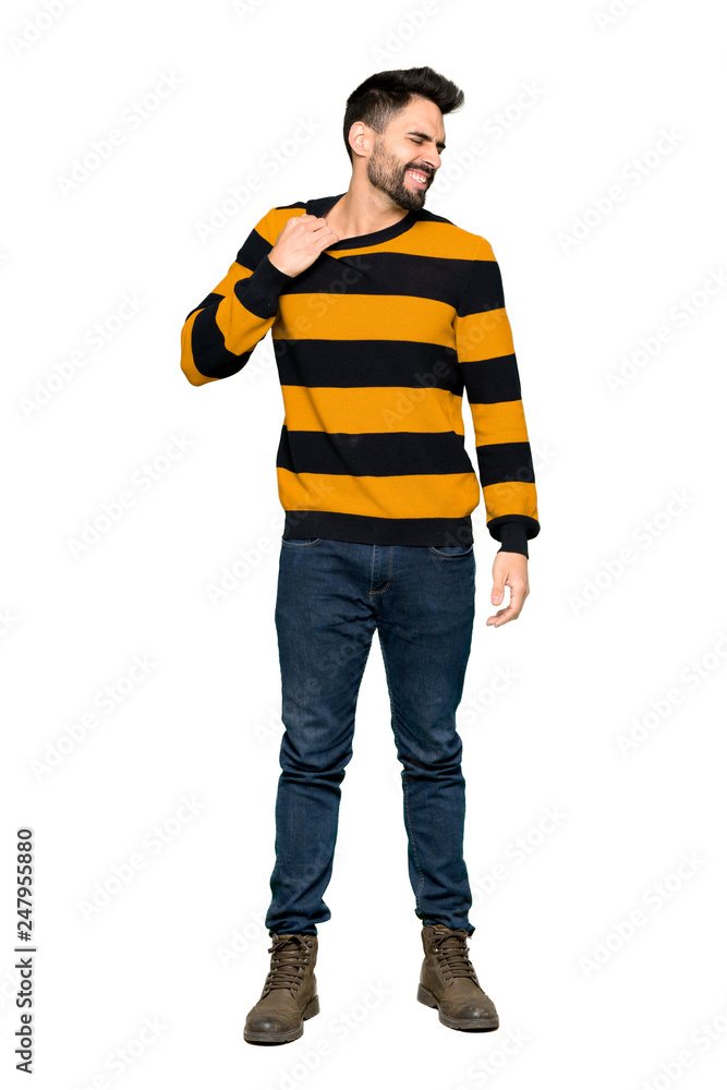 Full-length shot of Handsome man with striped sweater with tired and sick expression on isolated white background Full-length shot of Handsome man with striped sweater with tired and sick expression on isolated white background