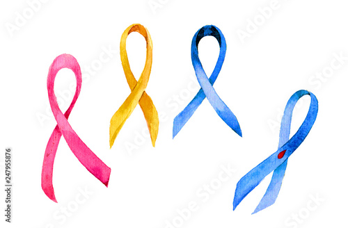 A set of symbolic tapes: against breast cancer, endometriosis, diabetes, chronic fatigue syndrome. Blue, pink and yellow ribbons. Watercolor illustraton