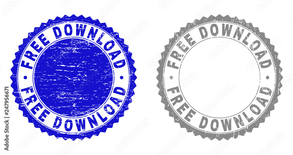 Grunge FREE DOWNLOAD stamp seals isolated on a white background. Rosette seals with grunge texture in blue and grey colors. Vector rubber stamp imprint of FREE DOWNLOAD text inside round rosette.