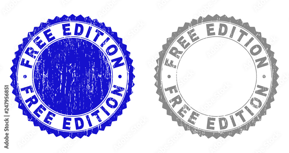 Grunge FREE EDITION stamp seals isolated on a white background. Rosette seals with distress texture in blue and gray colors. Vector rubber stamp imprint of FREE EDITION text inside round rosette.
