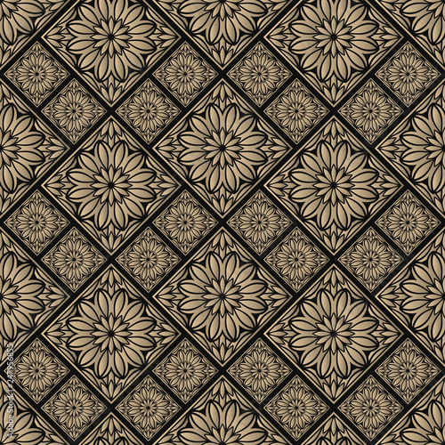 Seamless pattern oriental ornament. Black and golden textile print. Islamic vector design. Floral tiles.