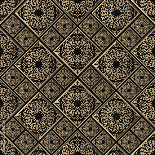 Islamic vector design. Seamless pattern oriental ornament. Black and golden textile print. Floral tiles.