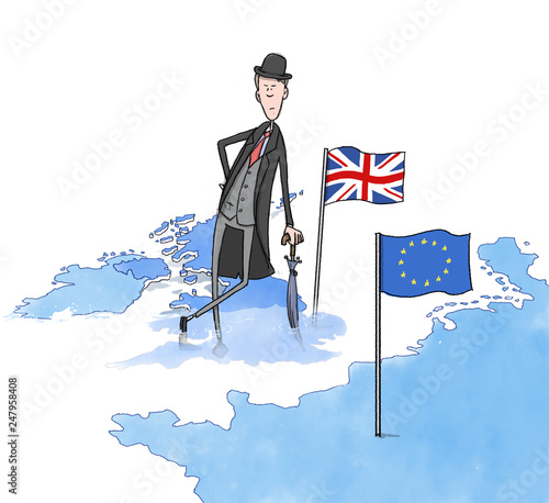 Brexit. Funny hand painted illustration about the Brexit concept.The UK is on course to leave the EU. A businessman looks angry and sinks with the continent. Also UK and Europe flags.  photo