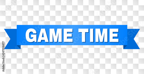 GAME TIME text on a ribbon. Designed with white title and blue stripe. Vector banner with GAME TIME tag on a transparent background.
