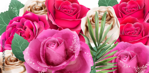 Pink roses and glitter watercolor Vector. Beautiful floral backgrounds