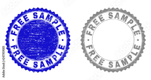Grunge FREE SAMPLE stamp seals isolated on a white background. Rosette seals with distress texture in blue and gray colors. Vector rubber stamp imprint of FREE SAMPLE caption inside round rosette. photo