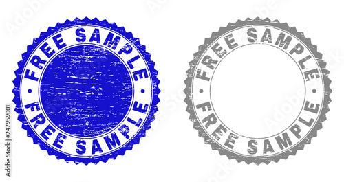 Grunge FREE SAMPLE stamp seals isolated on a white background. Rosette seals with distress texture in blue and gray colors. Vector rubber stamp imprint of FREE SAMPLE caption inside round rosette.